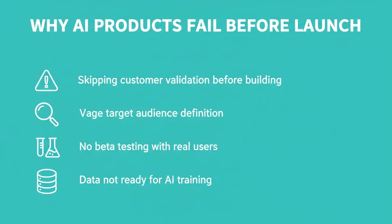 Why AI Products Fail Before Launch — four key reasons: skipping customer validation, vague target audience, no beta testing, data not ready