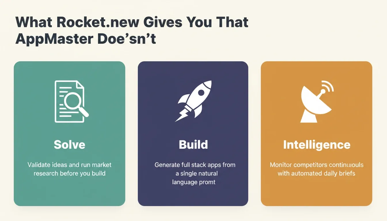 What Rocket.new Gives You That AppMaster Doesn't: Solve, Build, and Intelligence pillars