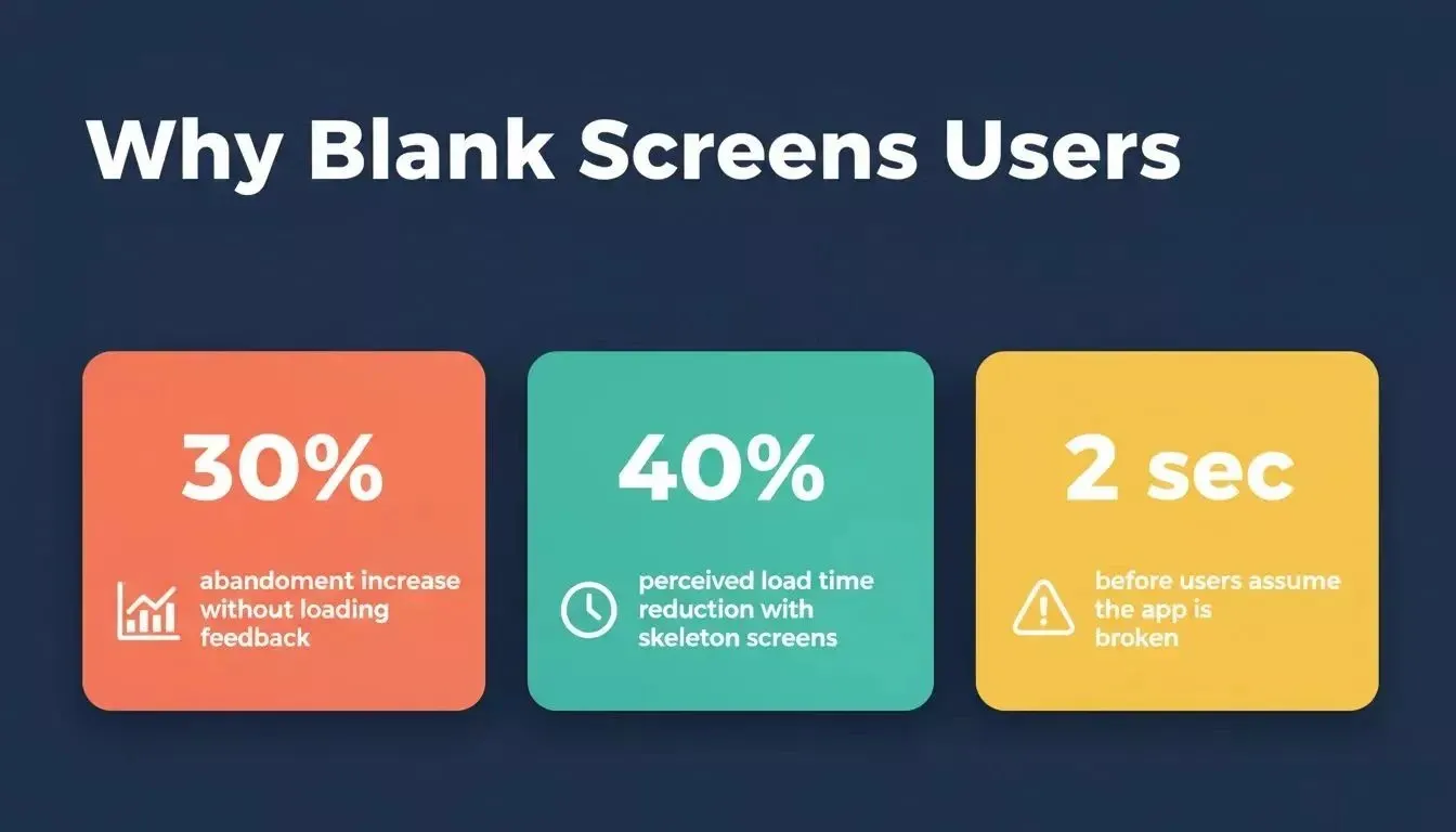 Why Blank Screens Lose Users — key statistics: 30% abandonment, 40% perceived load time reduction, 2 seconds before users assume broken