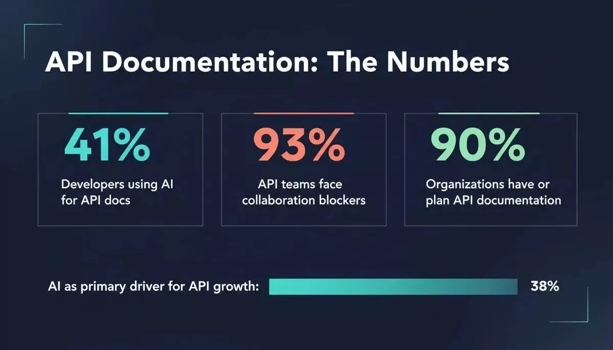 API Documentation: The Numbers — 41% of developers use AI for API docs, 93% face collaboration blockers, 90% of organizations have or plan API documentation