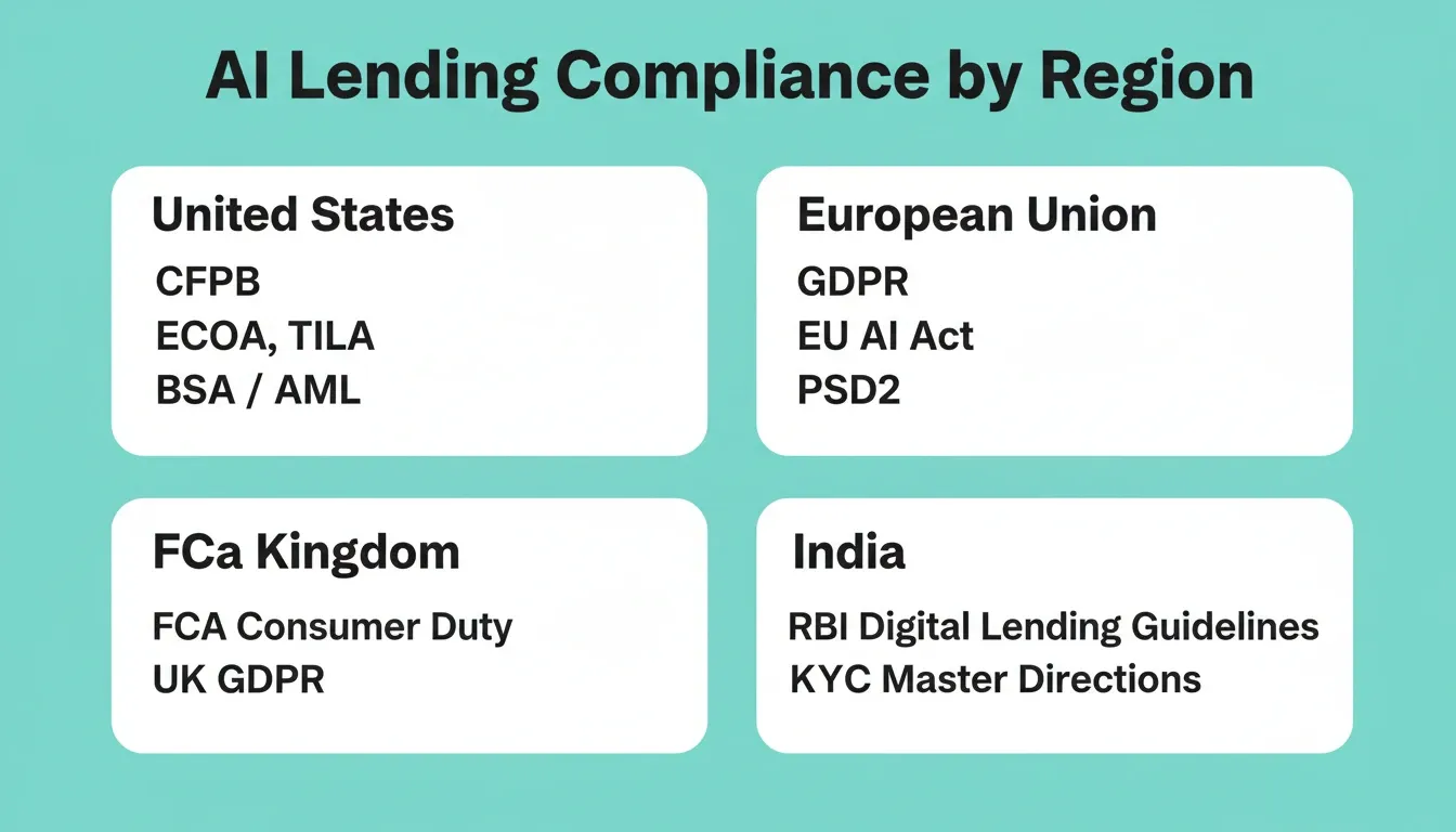 AI lending compliance requirements by region: United States (CFPB, ECOA, TILA, BSA/AML), European Union (GDPR, EU AI Act, PSD2, AMLD), United Kingdom (FCA Consumer Duty, UK GDPR), India (RBI Digital Lending Guidelines, KYC Master Directions)