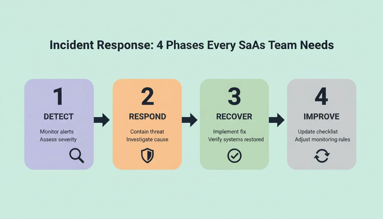 Incident response four phases — Detect, Respond, Recover, Improve — numbered and connected with arrows for SaaS security teams