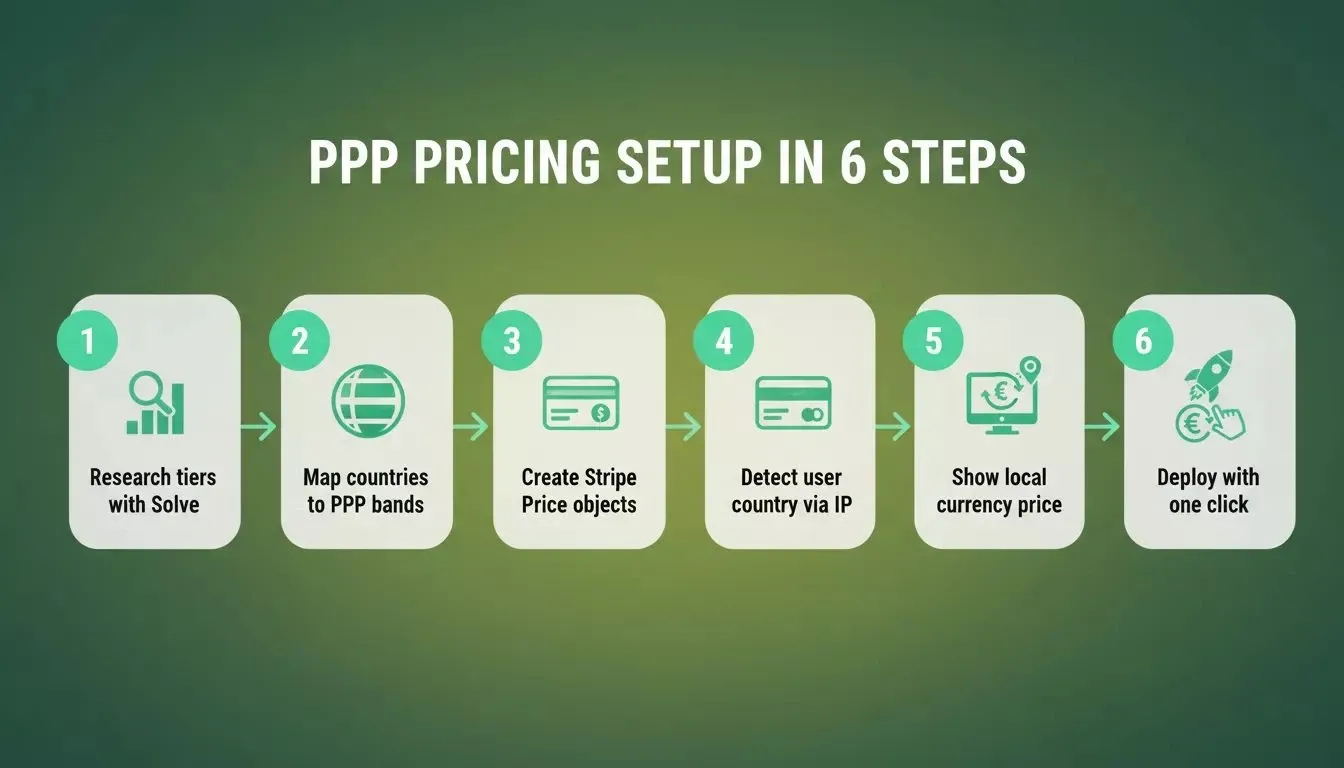 PPP Pricing Setup in 6 Steps — workflow diagram from Solve research to one-click deploy