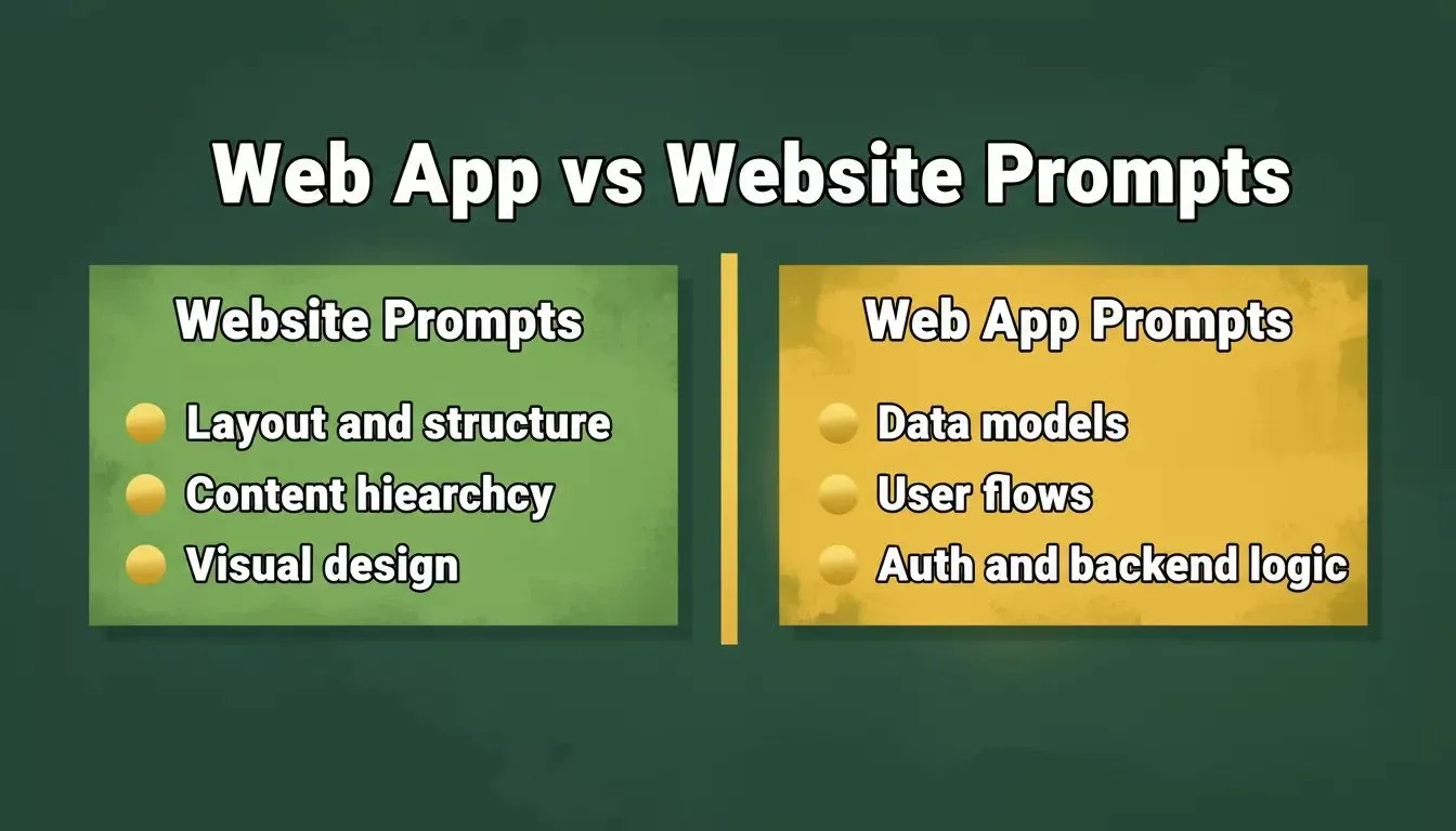 Web App vs Website Prompts — split comparison showing different prompt focus areas