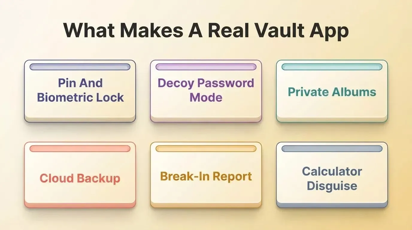 Real Vault App Features: Pin And Biometric Lock, Decoy Password Mode, Private Albums, Cloud Backup, Break-In Report, Calculator Disguise
