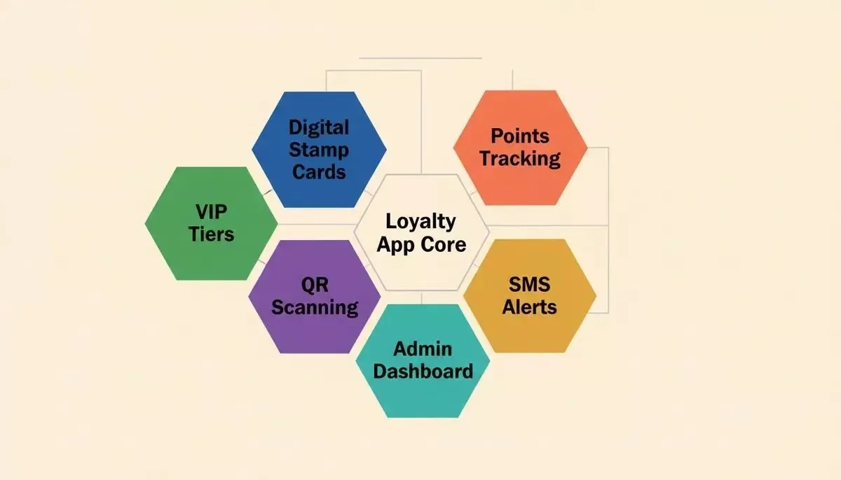 Six core loyalty app features shown as connected hexagonal tiles: Digital Stamp Cards, Points Tracking, VIP Tiers, SMS Alerts, QR Scanning, and Admin Dashboard
