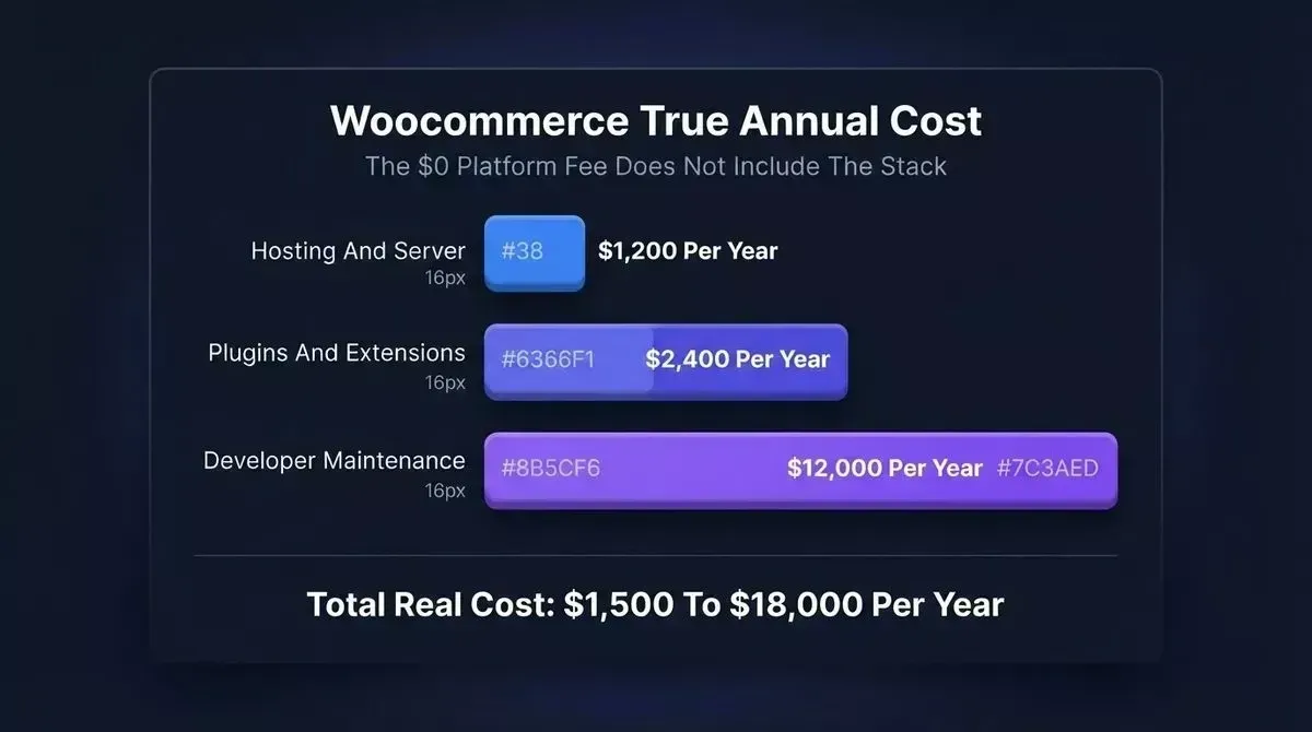 WooCommerce annual cost breakdown: hosting $1,200, plugins $2,400, developer maintenance $12,000 - total real cost $1,500 to $18,000 per year.