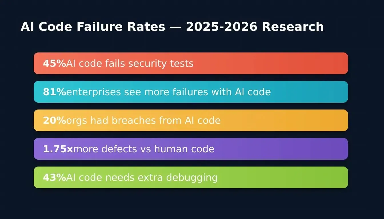 AI Code Failure Rates 2025-2026 — data-driven bar chart showing security defect rates across five research sources