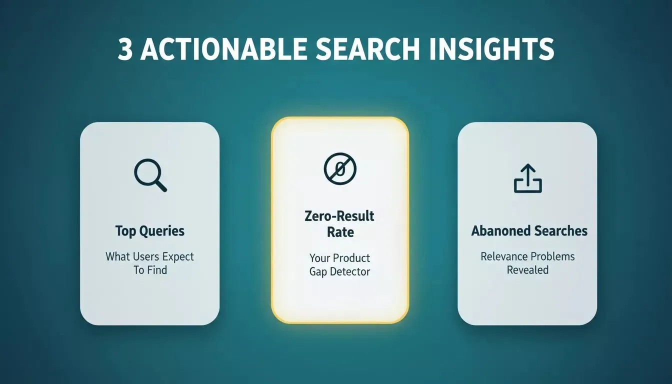 Three actionable search insights shown as 3D pillar cards