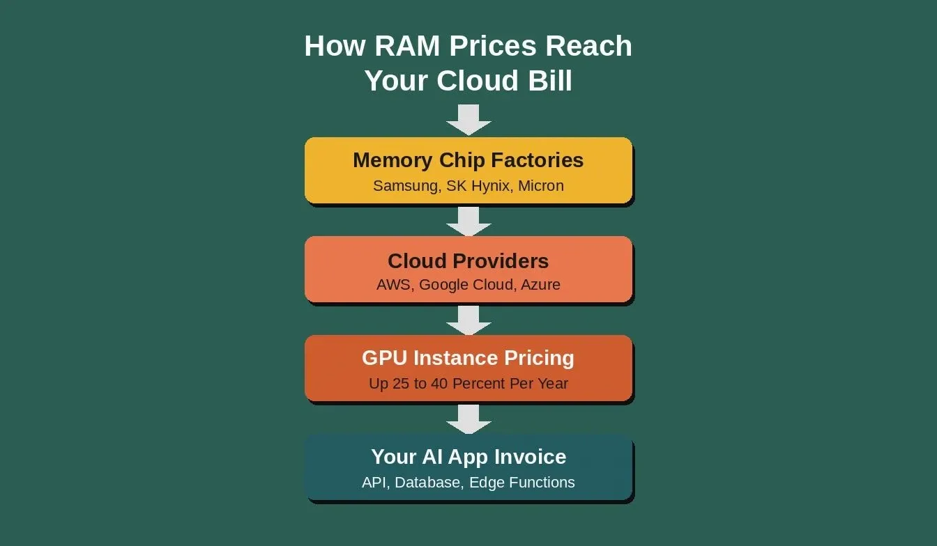 Four-step flow diagram showing memory chip factories leading to cloud providers, GPU instance pricing, and finally your AI app invoice with rising costs at each stage