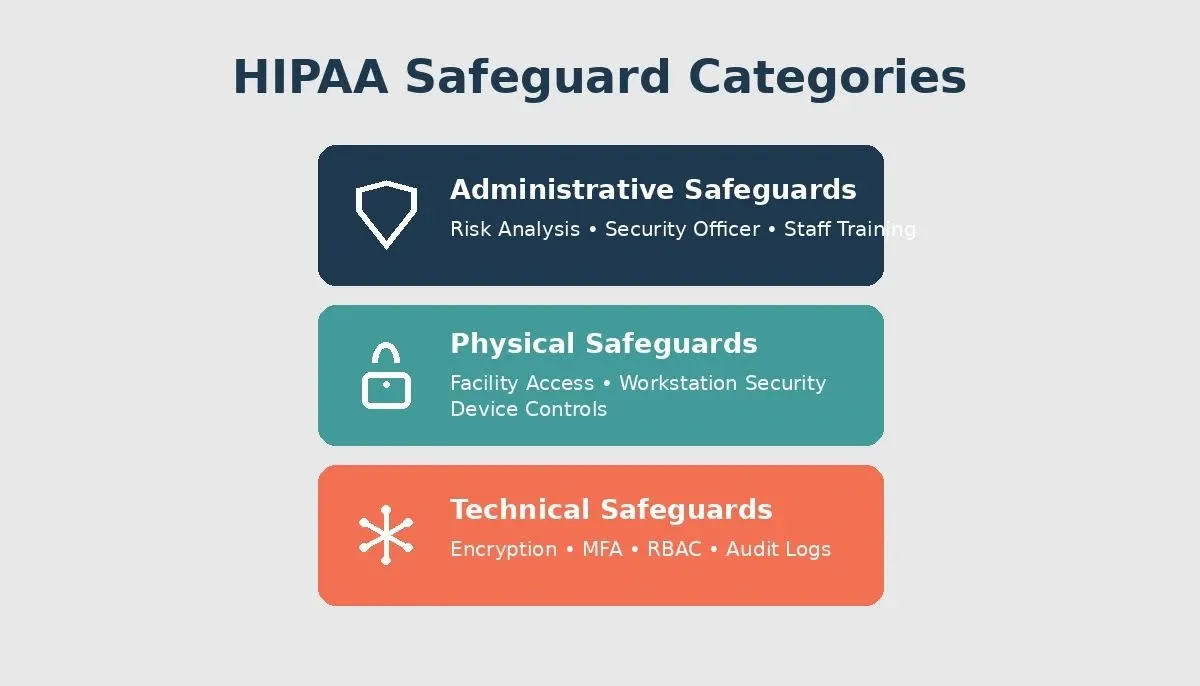 HIPAA safeguard categories showing three layers: Administrative with risk analysis, Physical with facility access, and Technical with encryption and MFA