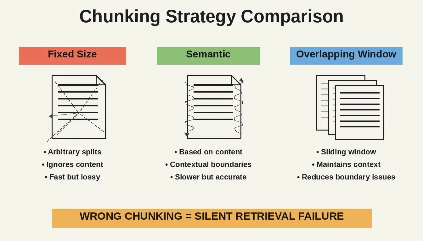 Chunking Strategy Comparison showing Fixed Size, Semantic, and Overlapping Window