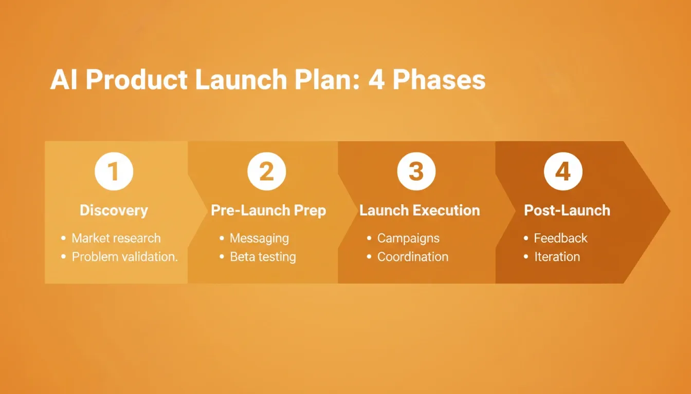 AI Product Launch Plan — 4 phases: Discovery, Pre-Launch Prep, Launch Execution, Post-Launch with key activities per phase
