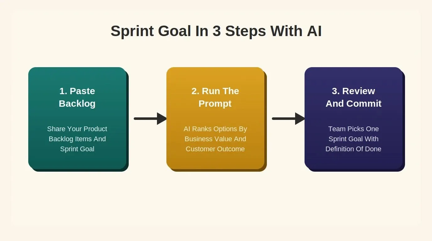 Step-by-step diagram showing how to generate a sprint goal with AI in three steps: paste backlog, run the prompt, and review and commit with the team