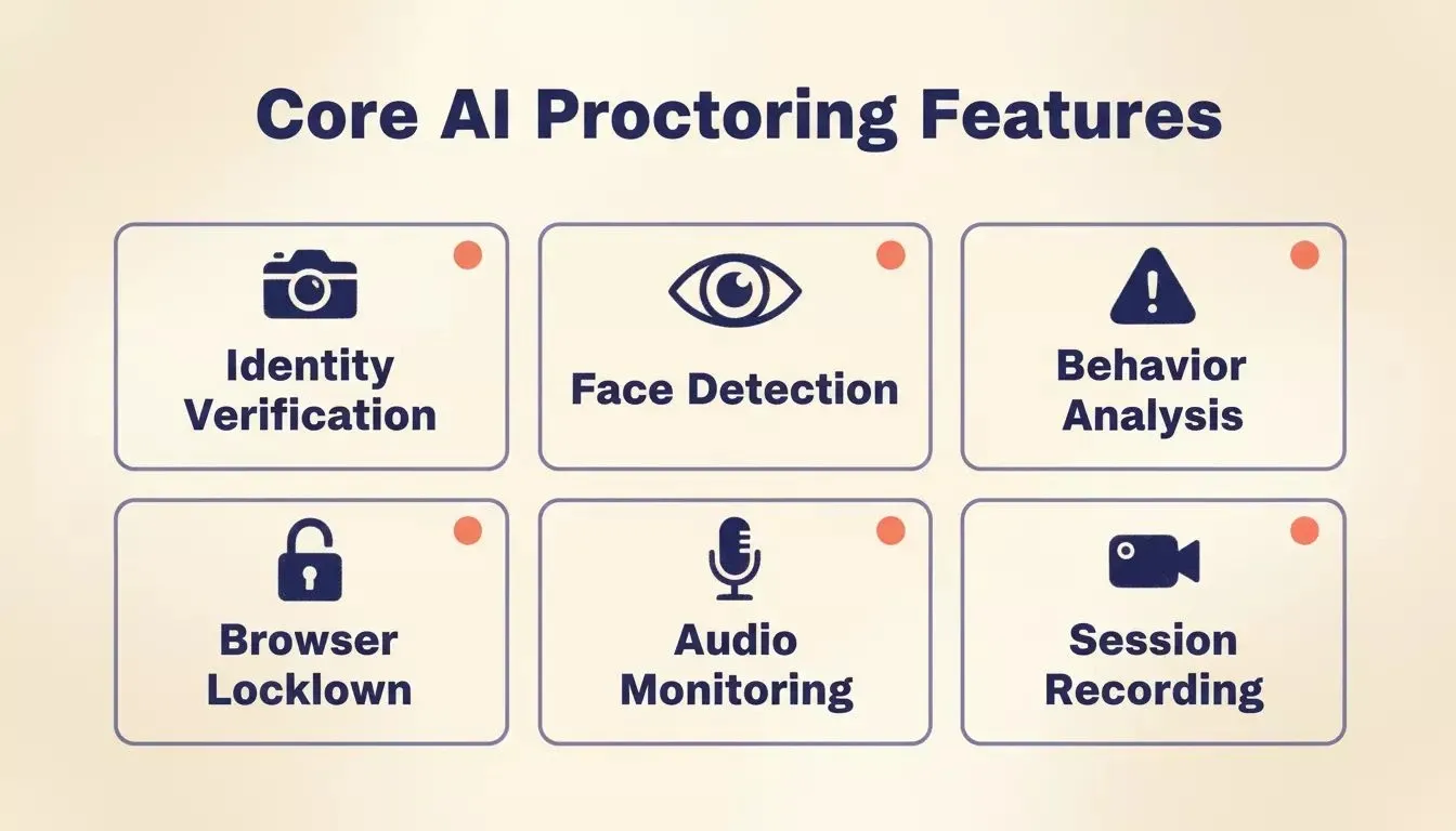 Six core AI proctoring features: identity verification, face detection, behavior analysis, browser lockdown, audio monitoring, session recording