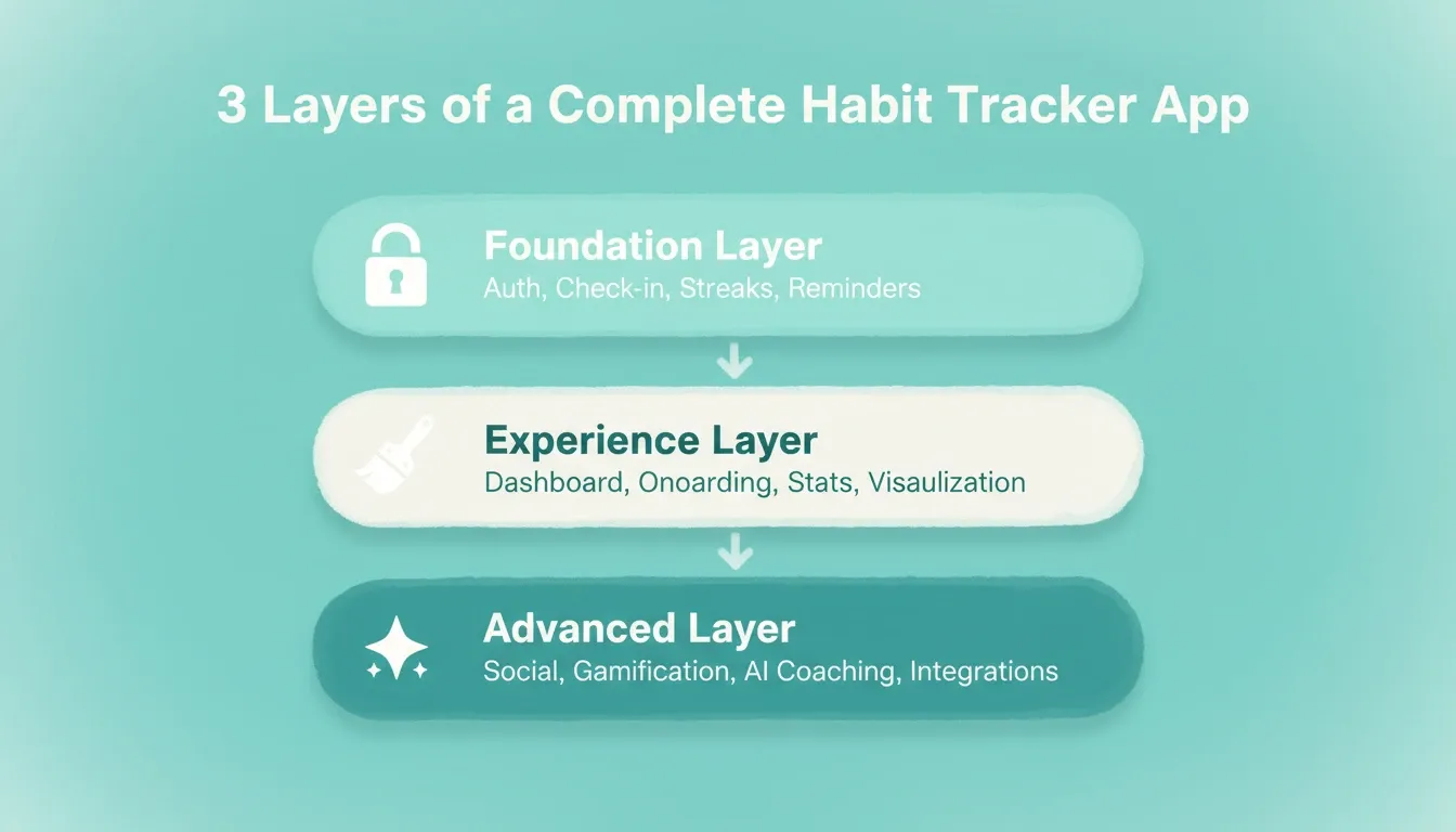 3 Layers of a Complete Habit Tracker App — a mint-teal infographic showing Foundation, Experience, and Advanced build layers