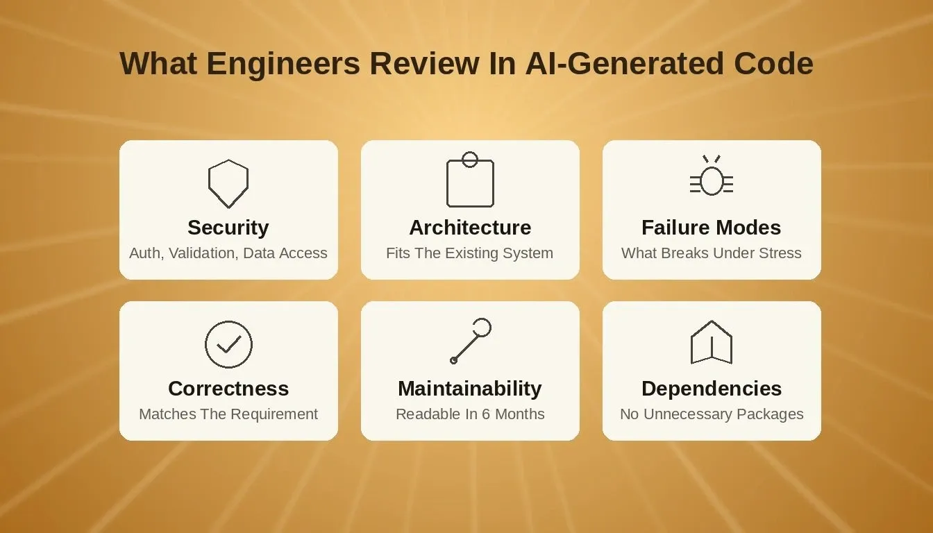 Six dimensions experienced teams check in AI-generated code: security, architecture, failure modes, correctness, maintainability, and dependencies