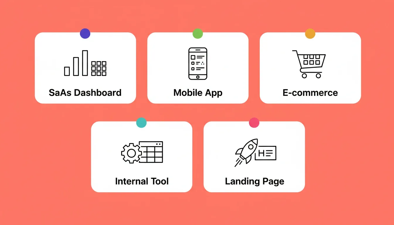 The five app categories in this guide: SaaS Dashboard, Mobile App, E-commerce, Internal Tool, and Landing Page