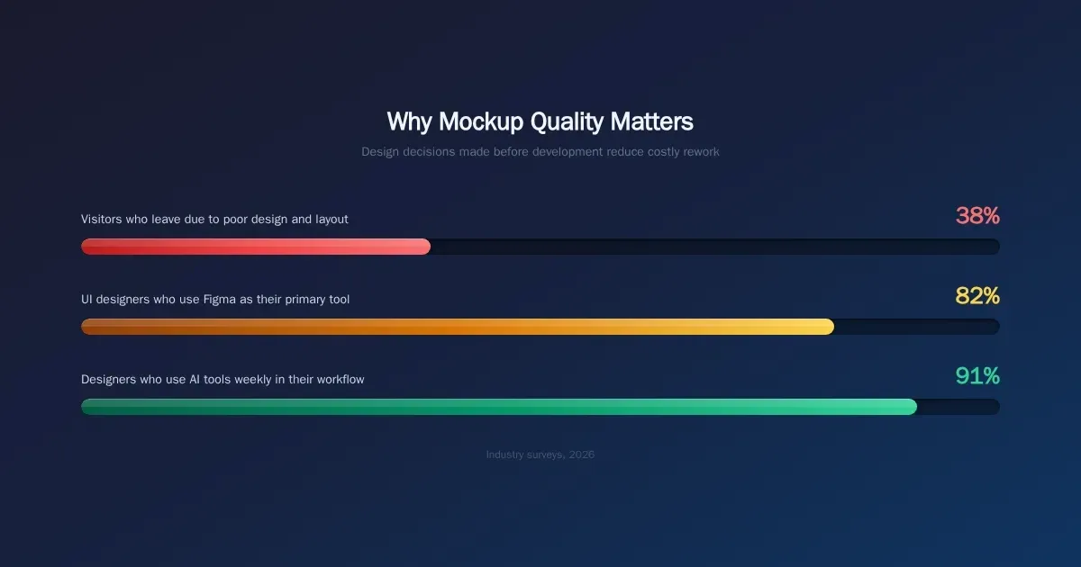 Why Mockup Quality Matters — data bar chart showing 38%, 82%, 91% design stats