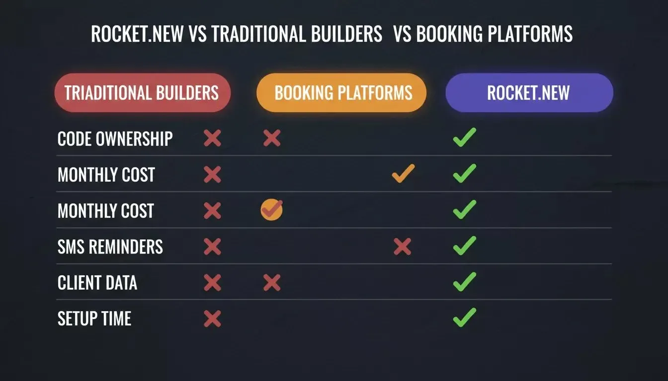 Comparison of Rocket.new vs Traditional Builders vs Booking Platforms across code ownership, monthly cost, SMS reminders, client data, and setup time