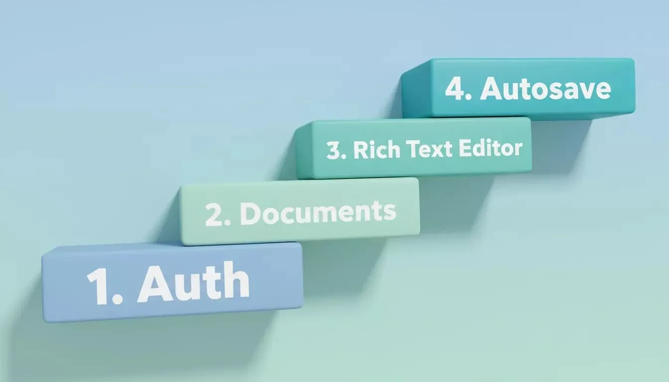 The four foundation layers of a writing assistant app: Auth, Documents, Rich Text Editor, and Autosave