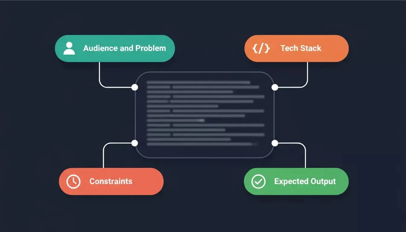 Prompt anatomy diagram showing four annotated callouts: Audience, Tech Stack, Constraints, Output