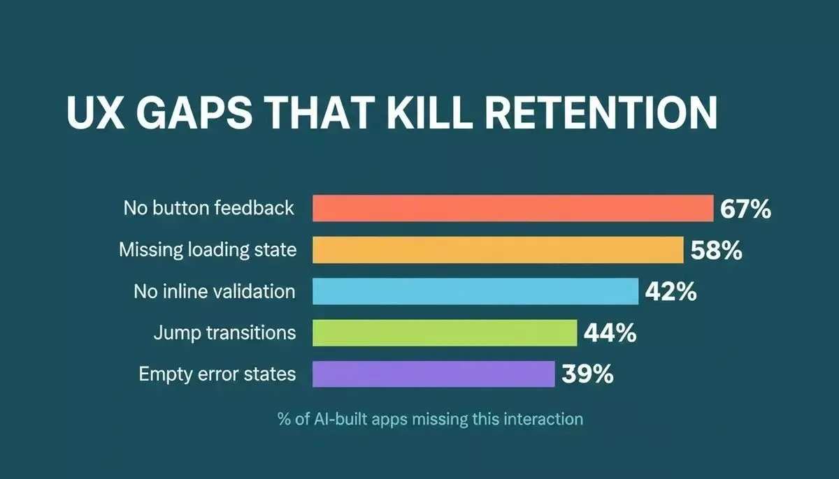 Data-driven bar chart showing UX gaps that kill retention in AI-built apps