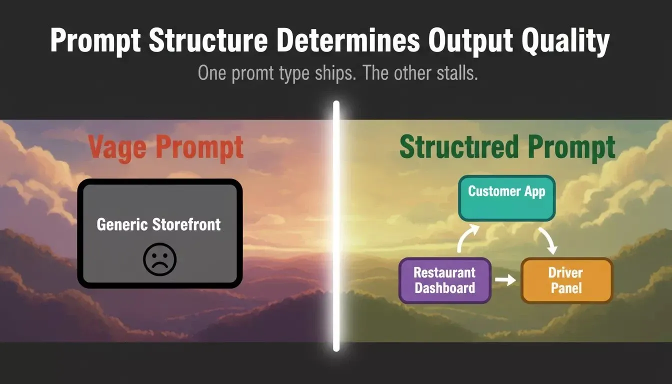 Prompt Structure Determines Output Quality showing vague vs structured prompt comparison