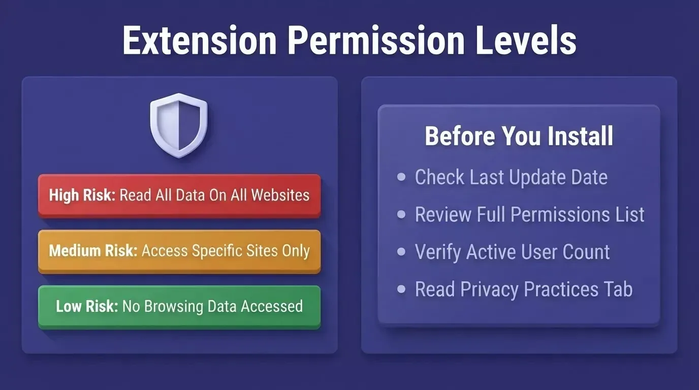 Extension Permission Levels, three 3D risk cards: High Risk, Medium Risk, Low Risk, with Before You Install checklist