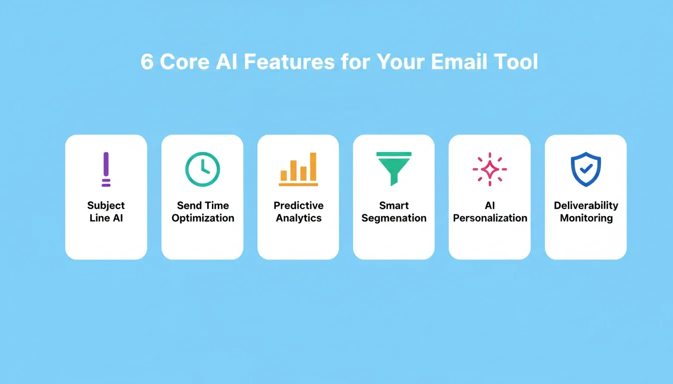 6 Core AI Features for Your Email Tool — subject line AI, send time optimization, predictive analytics, smart segmentation, AI personalization, deliverability monitoring