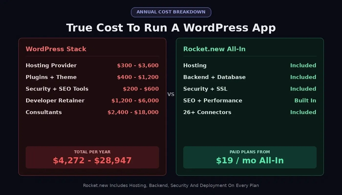 Annual cost breakdown comparing WordPress stack at $4,272 to $28,947 per year versus Rocket.new all-in from $19 per month