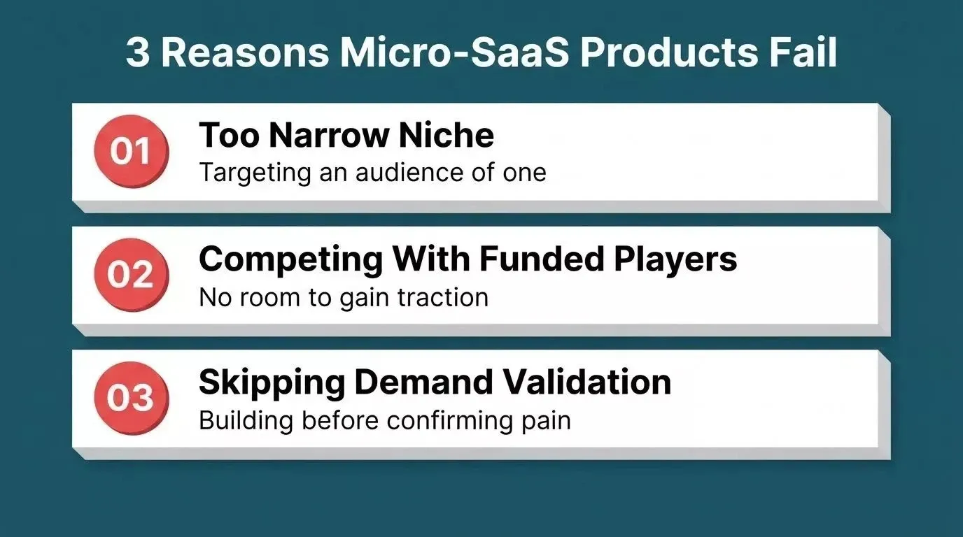 Three numbered failure modes for micro-SaaS: too narrow niche targeting one person, competing with funded players with no traction room, and skipping demand validation before building