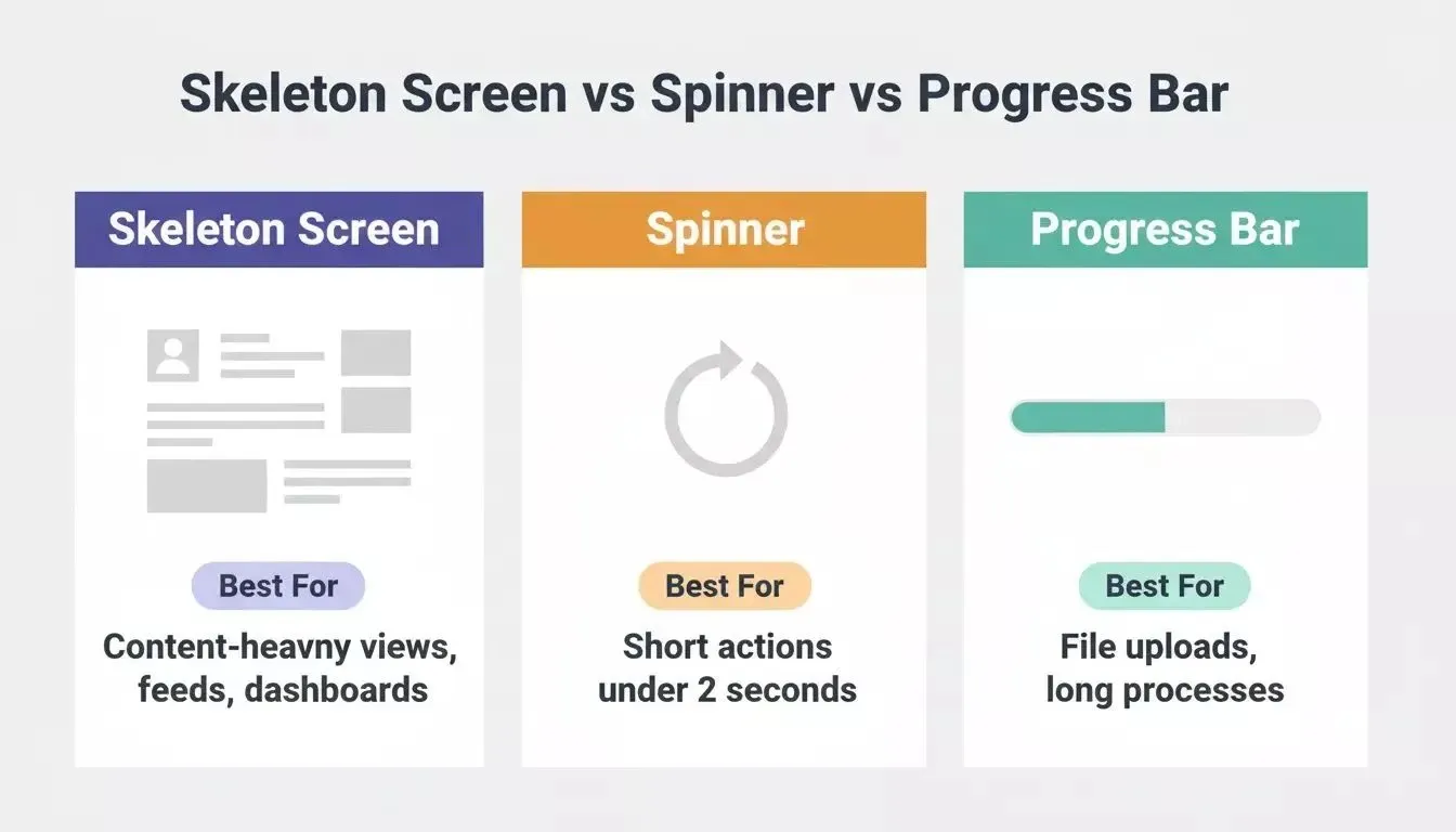 Comparison of Skeleton Screen vs Spinner vs Progress Bar — showing visual patterns and best use cases for each