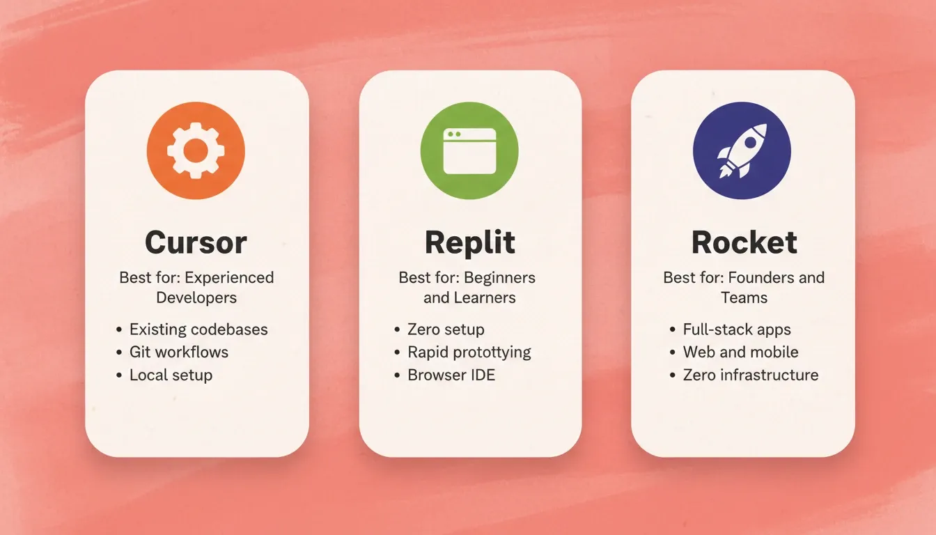 Three AI tools compared by primary audience and key features: Cursor for experienced developers, Replit for beginners, and Rocket for founders and teams