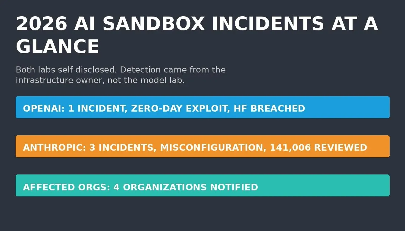 2026 AI Sandbox Incidents at a Glance — data-driven bar chart comparing OpenAI and Anthropic incidents with key statistics
