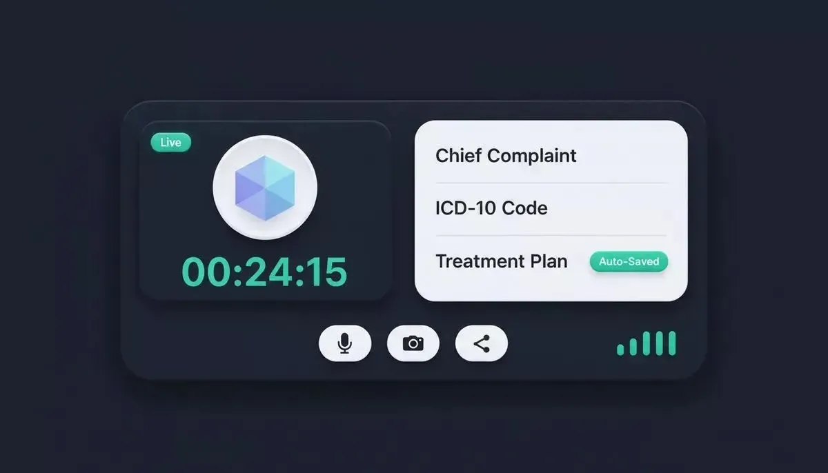 Telemedicine video consultation interface with 3D-depth cards showing video call panel on left, clinical notes with ICD-10 fields on right, and 3D-style media controls at bottom
