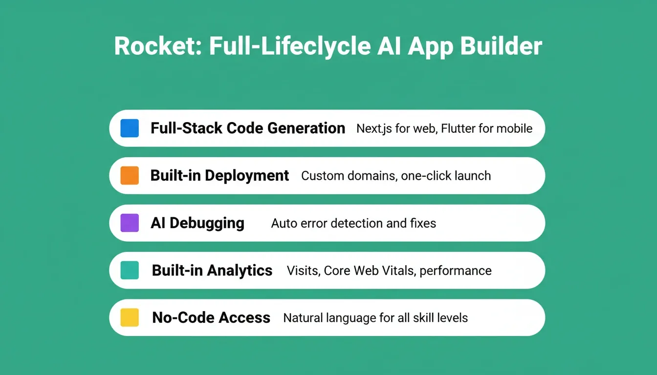 Rocket Full-Lifecycle AI App Builder showing five capabilities