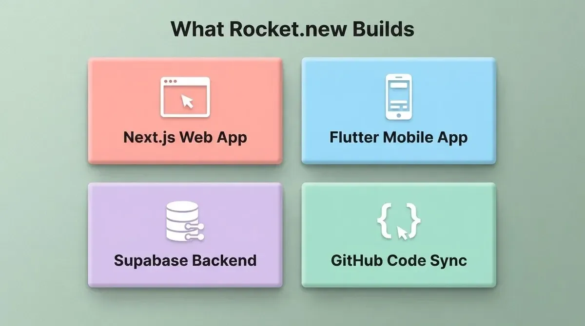 What Rocket.new builds: four outputs from one prompt. Next.js Web App, Flutter Mobile App, Supabase Backend, and GitHub Code Sync generated together.