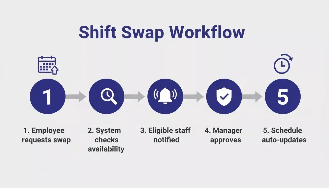 Shift Swap Workflow showing five steps from request to schedule update