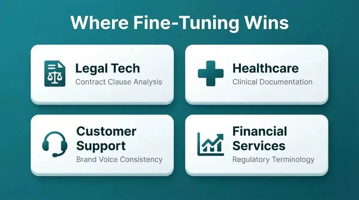 Where Fine-Tuning Wins: four vertical use cases Legal Tech, Healthcare, Customer Support, Financial Services as 3D lifted cards on teal background