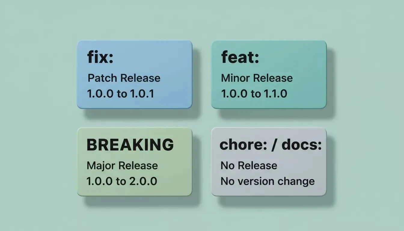 Four commit type cards showing fix patch release, feat minor release, BREAKING major release, and chore no release