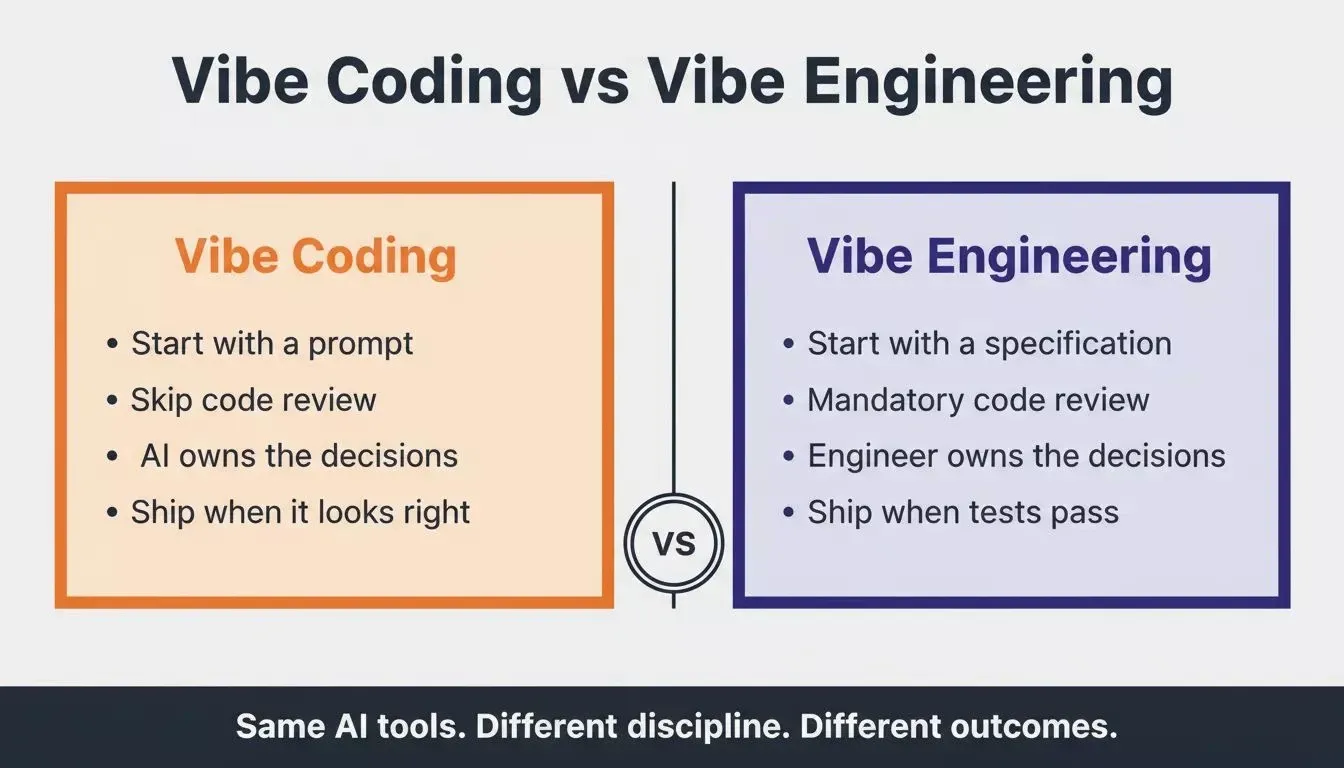 Vibe Coding vs Vibe Engineering — split comparison panel showing key differences