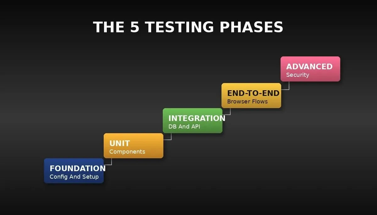 Five ascending 3D steps labeled Foundation, Unit, Integration, End-To-End, and Advanced, each with a subtitle describing the testing scope at that phase