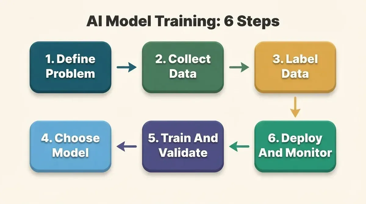AI Model Training 6-step workflow with 3D cards from Define Problem through Deploy And Monitor