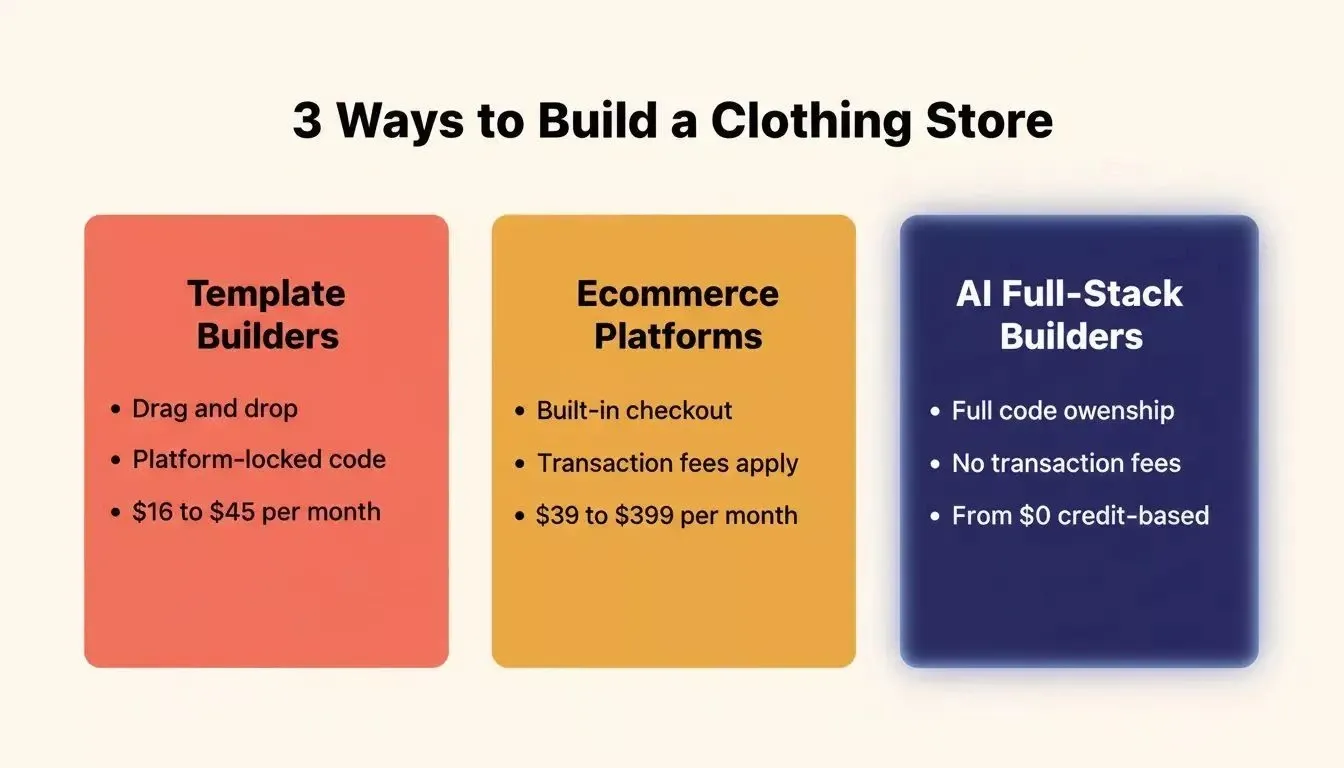 3 Ways to Build a Clothing Store, comparison of template builders, ecommerce platforms, and AI full-stack builders