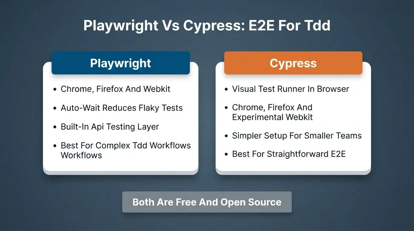 Side-by-side comparison of Playwright and Cypress for TDD: Playwright supports Chrome Firefox and WebKit with auto-wait and API testing; Cypress offers a visual runner with Chrome and Firefox support and simpler setup