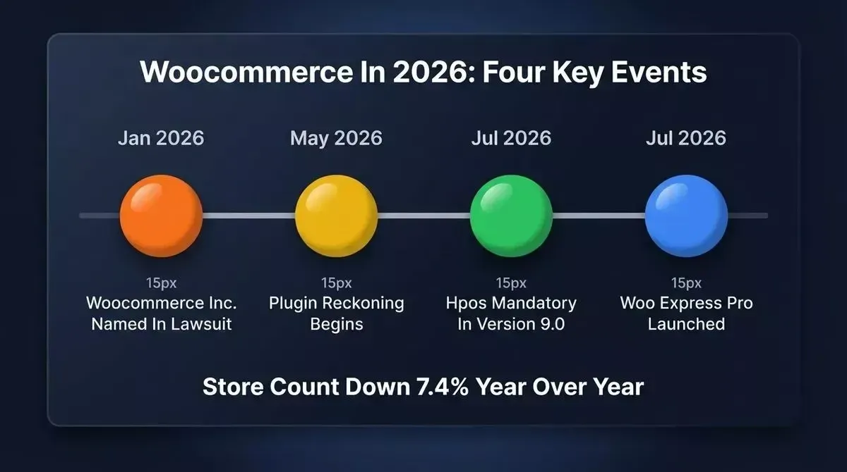 WooCommerce 2026 timeline: Jan lawsuit, May plugin reckoning, Jul HPOS mandatory, Jul Woo Express Pro launch - store count down 7.4% YoY.