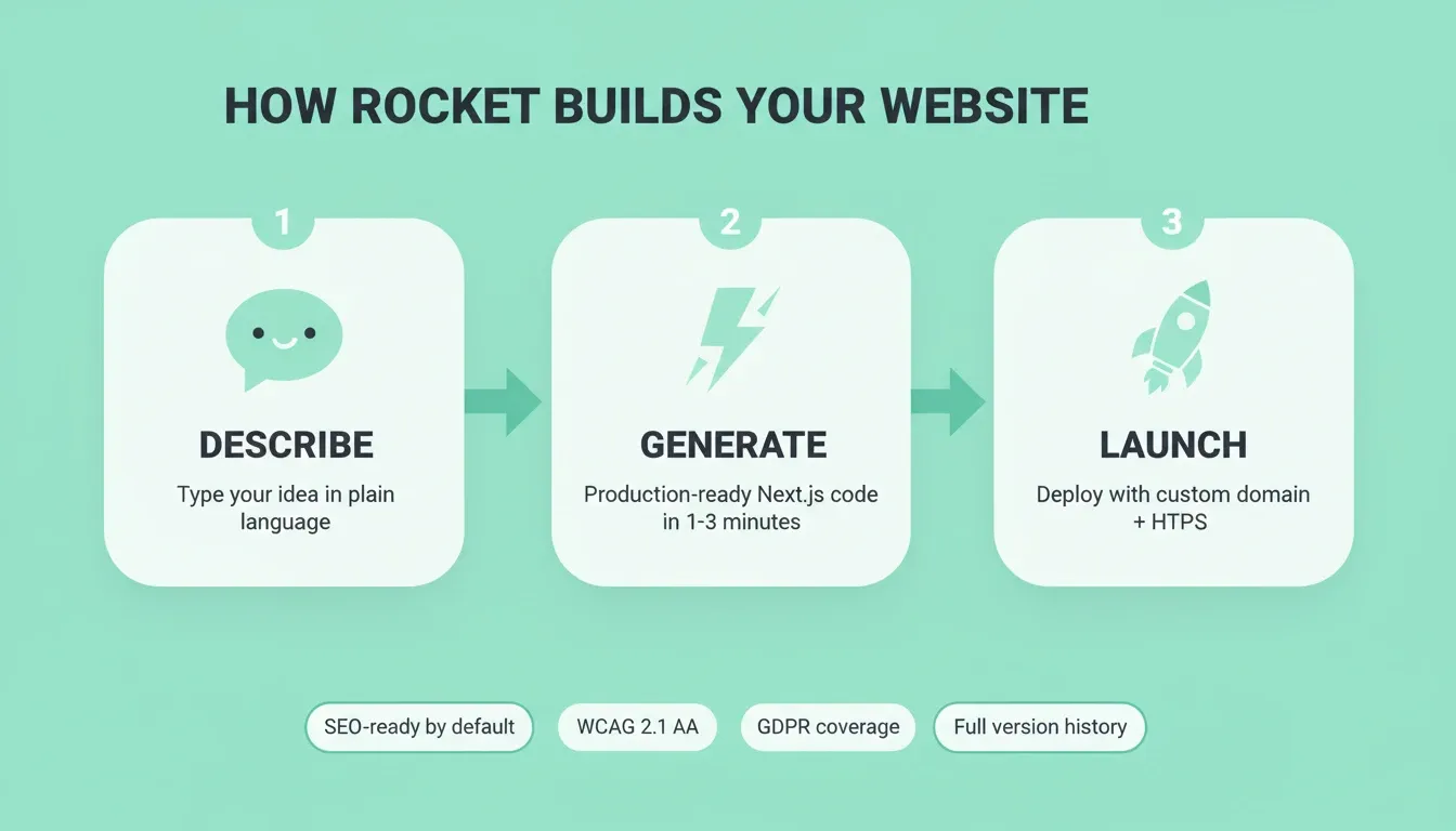 How Rocket builds your website in three steps: Describe your idea, Generate production-ready Next.js code in 1-3 minutes, then Launch with a custom domain and HTTPS