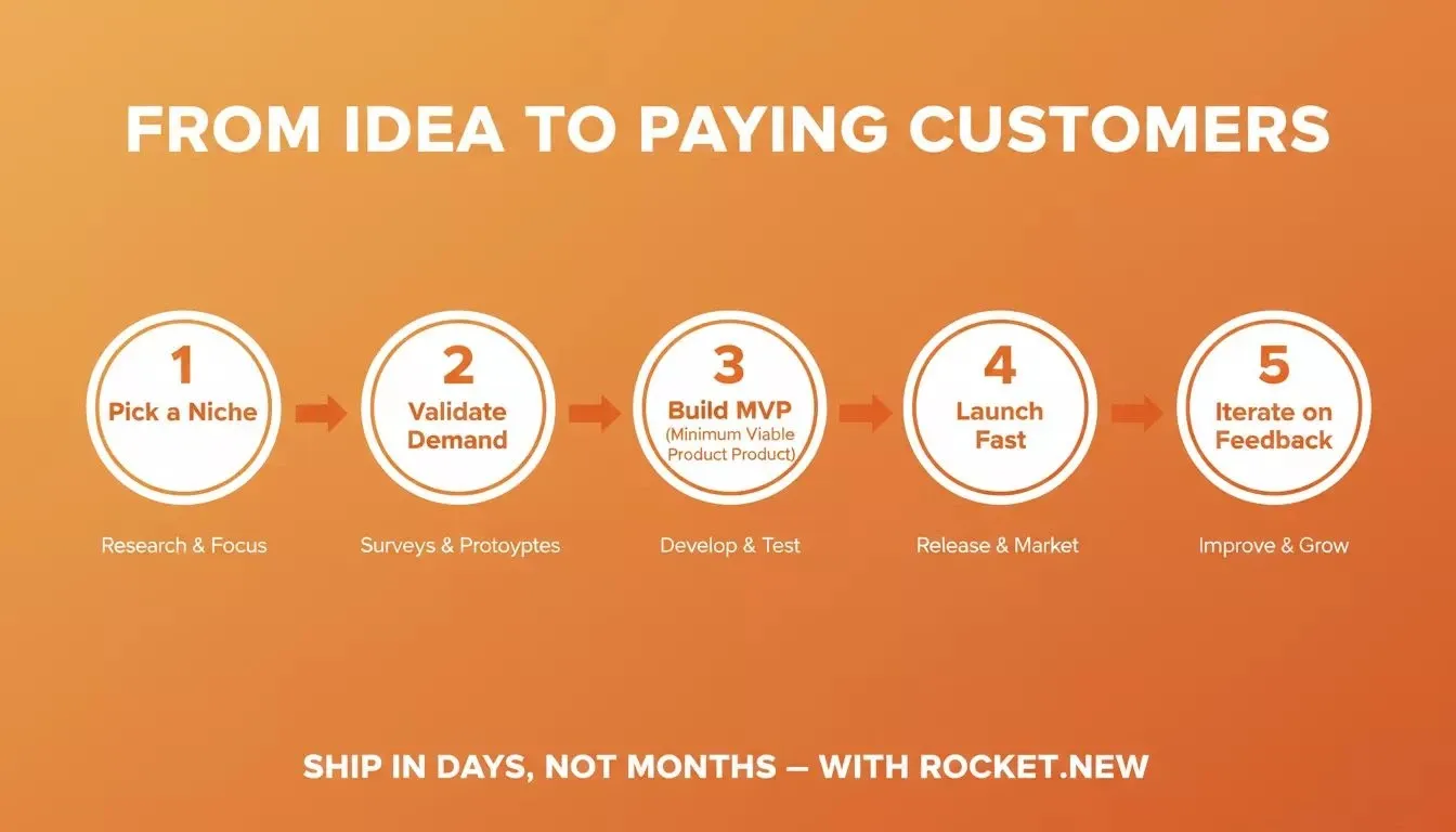 From Idea to Paying Customers — five-step process: Pick Niche, Validate Demand, Build MVP, Launch Fast, Iterate on Feedback