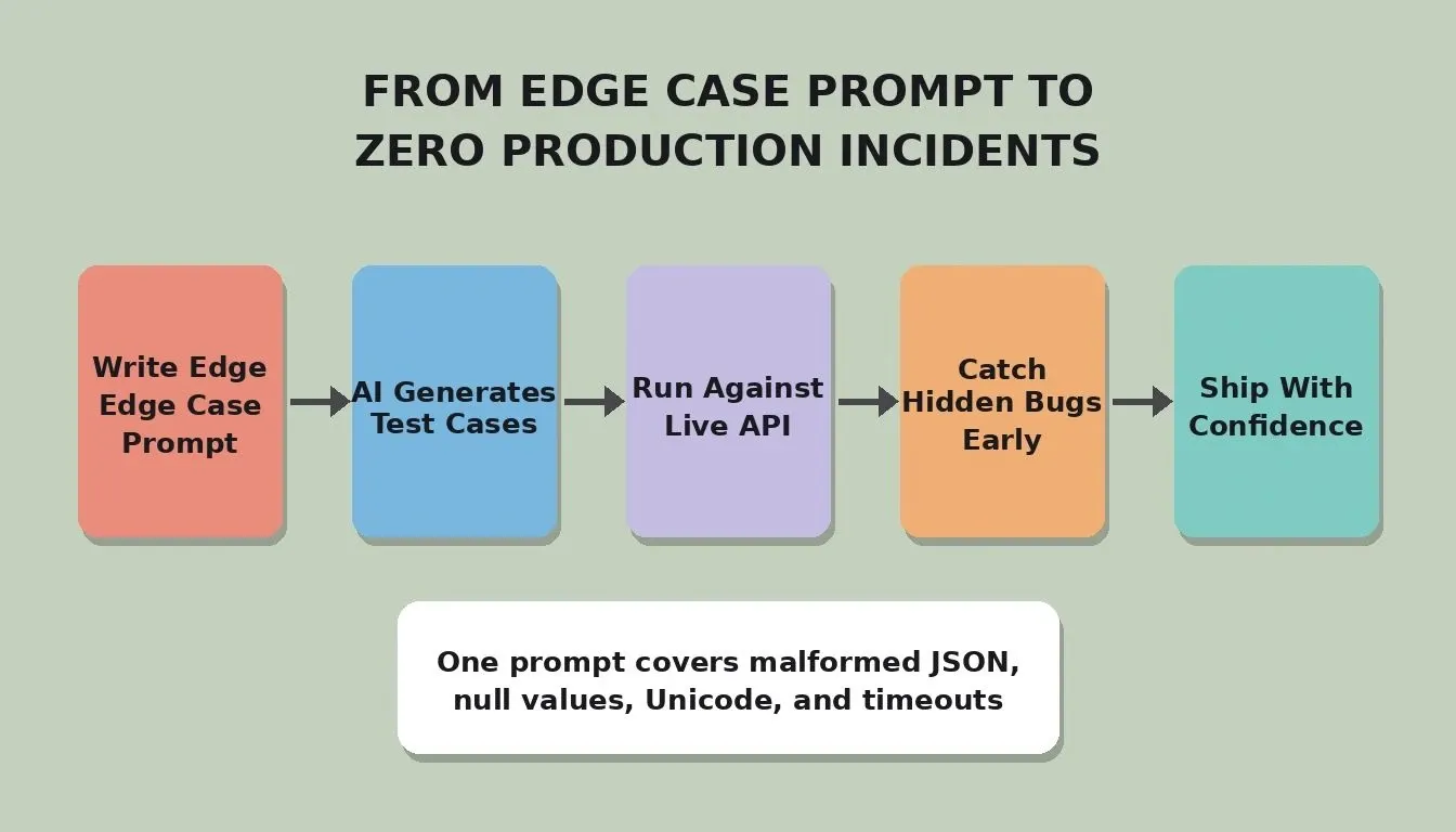 Five-step process flow showing how an edge case prompt leads to zero production incidents